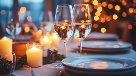 Luxurious table setting with candles, wine glasses, and elegant decor for an evening party. Plenty of copy space availableの素材