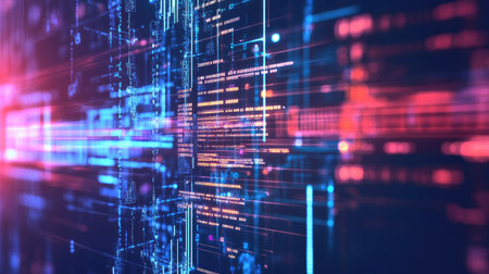 High-tech digital interface with glowing data streams, ideal for AI technology themes. Copy space availableの素材