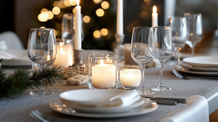 Luxurious table setting with candles, wine glasses, and elegant decor for an evening party. Plenty of copy space availableの素材