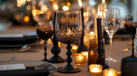 Luxurious table setting with candles, wine glasses, and elegant decor for an evening party. Plenty of copy space availableの素材
