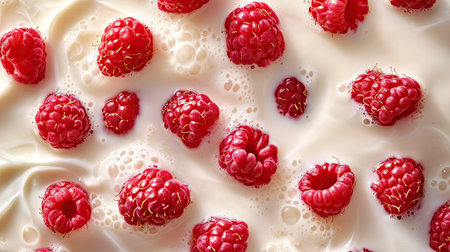 Juicy raspberries submerged in a swirl of milk, perfect for dairy or fruit-related ads. Ample copy spaceの素材