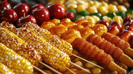 A colorful assortment of festival food including corn dogs and candy apples, with ample space for copyの素材