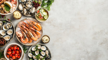 A top view of fresh festival seafood platters, with ample space for branding or textの素材