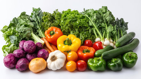 Mixed vegetables on a white surface, offering ample copy space for your messageの素材