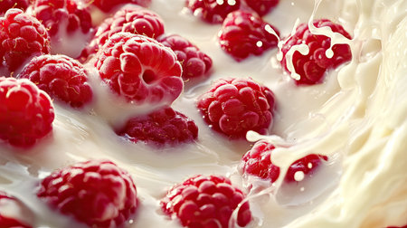 Juicy raspberries submerged in a swirl of milk, perfect for dairy or fruit-related ads. Ample copy spaceの素材