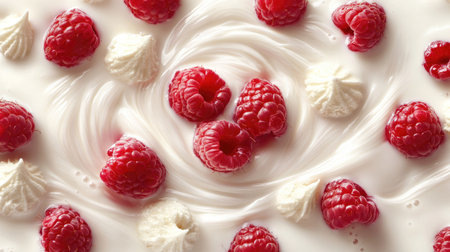 Juicy raspberries submerged in a swirl of milk, perfect for dairy or fruit-related ads. Ample copy spaceの素材