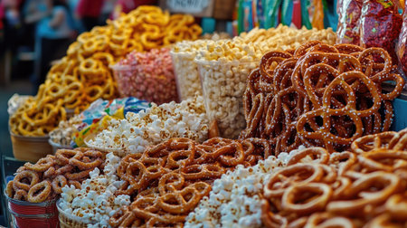 A colorful array of fairground snacks like pretzels and popcorn, displayed with room for copyの素材