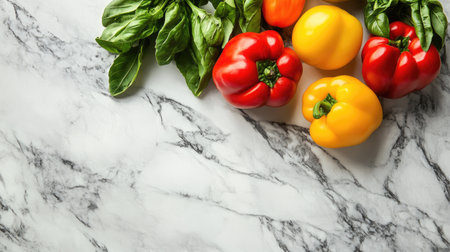 Vibrant vegetables on a marble countertop. Copy space available.の素材