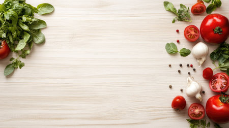 Seasonal vegetables on a light wooden table with space for copyの素材