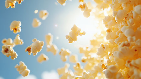 Popcorn kernels flying in the air against a bright background, leaving plenty of room for text or brandingの素材