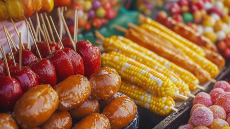 A colorful assortment of festival food including corn dogs and candy apples, with ample space for copyの素材
