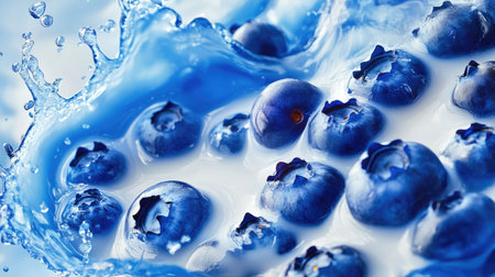 Vibrant blueberries in a splash of milk with high-contrast visuals. Room for your message in the copy spaceの素材