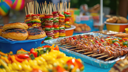 A colorful festival table filled with grilled food, such as skewers and burgers, with room for copyの素材