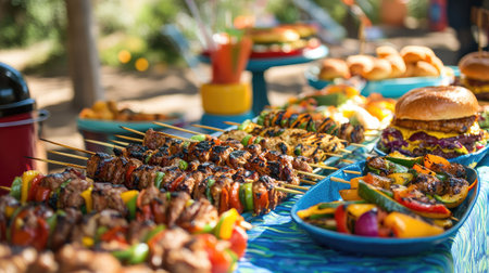 A colorful festival table filled with grilled food, such as skewers and burgers, with room for copyの素材
