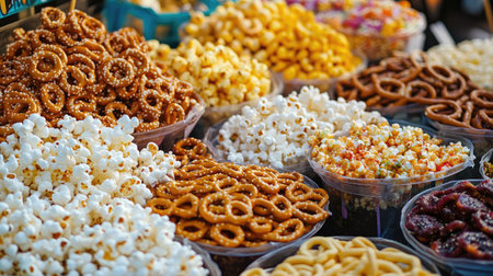 A variety of street festival snacks, from popcorn to pretzels, displayed with a blank space for textの素材