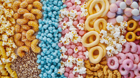 A colorful array of carnival snacks like popcorn and pretzels, providing room for copy or brandingの素材