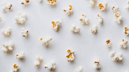 Top view of scattered popcorn on a white surface, perfect for adding text or branding in the available spaceの素材