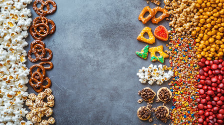 A variety of street festival snacks, from popcorn to pretzels, displayed with a blank space for textの素材