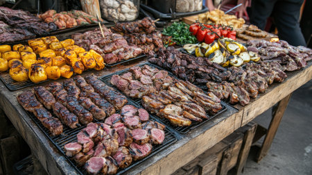A variety of grilled meats and vegetables at a festival booth, displayed on a rustic table with room for textの素材
