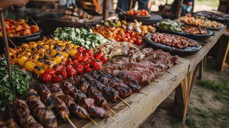 A variety of grilled meats and vegetables at a festival booth, displayed on a rustic table with room for textの素材