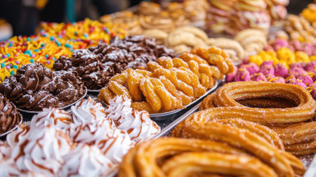 A variety of festival desserts like funnel cakes and churros, with space for copy or brandingの素材