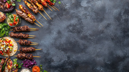 A variety of street food platters like tacos and kebabs, with space for textの素材