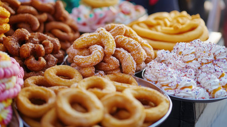 A variety of festival desserts like funnel cakes and churros, with space for copy or brandingの素材