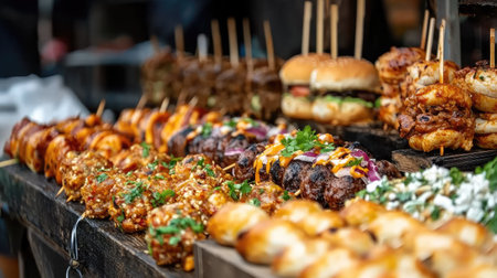 A variety of street food snacks like kebabs and sliders, displayed with space for textの素材