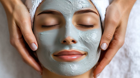 Aesthetic facial treatment in progress, close-up of hands and face, with ample space for text or brandingの素材