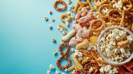 Assorted fairground snacks like popcorn and pretzels, displayed with room for textの素材