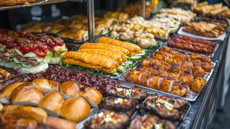 An array of vibrant street festival foods like BBQ and sandwiches, with plenty of space for textの素材