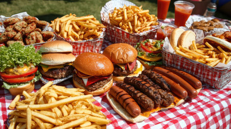 An array of fresh festival food like burgers, hot dogs, and fries on a picnic table with room for textの素材