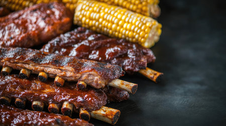 Assorted festival BBQ food like grilled ribs and corn, displayed with space for textの素材