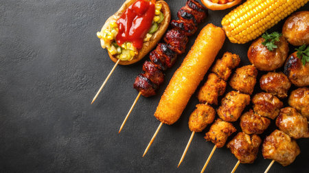 An assortment of savory street food, including BBQ skewers and corn dogs, with a blank area for copy spaceの素材