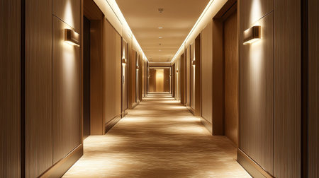 Clean modern hallway with abstract lighting and ample space for copyの素材