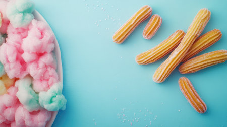 Bright and colorful carnival-style cotton candy and churros on a table with space for branding or textの素材