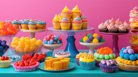 Bright and colorful festival dessert table featuring cupcakes and candies, with plenty of room for copyの素材