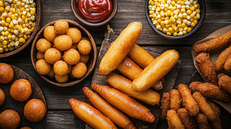Assorted festival snacks including corn dogs and fried dough, displayed with ample space for brandingの素材