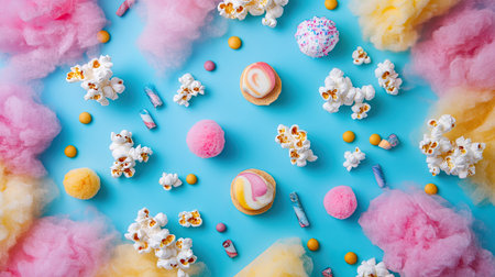 Assorted festival snacks like popcorn and cotton candy on a vibrant background with plenty of room for copyの素材