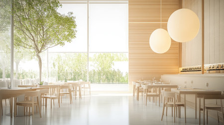 Clean modern restaurant interior with minimalist design, offering room for copyの素材