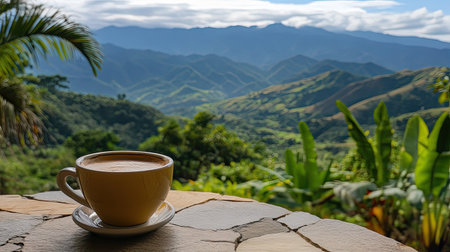 Coffee cup in the foreground, with the majestic Andes mountains of Venezuela in the distance. Plenty of space for your messageの素材