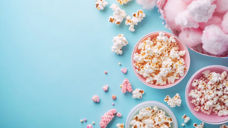 Colorful array of carnival-style snacks like cotton candy and popcorn, with space for copyの素材