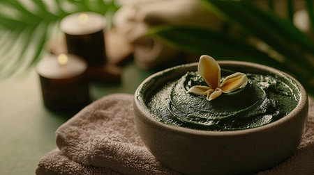 Close-up of a soothing facial mask being applied in a spa, soft towels in the background, with copy space availableの素材