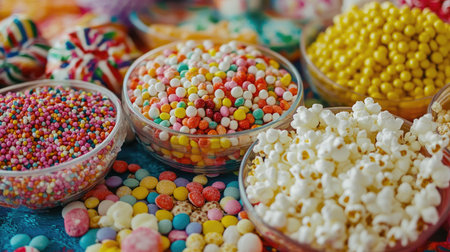Colorful assortment of festival treats, including candy and popcorn, on a vibrant tablecloth. Ample space for textの素材
