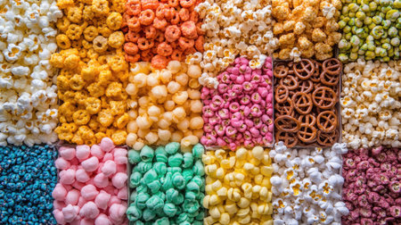 Colorful array of street food snacks like popcorn and pretzels, displayed with space for copyの素材