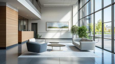 Contemporary office building lobby with sleek design and room for branding or textの素材
