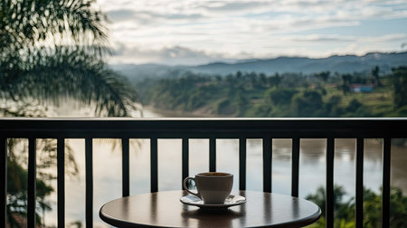 Drinking coffee on a balcony overlooking the Orinoco River in Venezuela, leaving space for text or brandingの素材