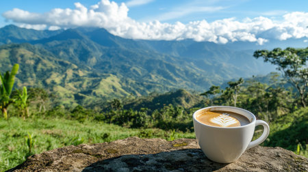 Coffee cup in the foreground, with the majestic Andes mountains of Venezuela in the distance. Plenty of space for your messageの素材