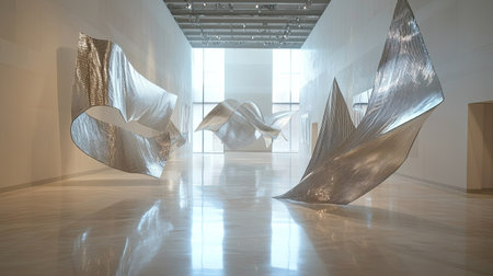 Contemporary art museum interior with abstract installations and room for textの素材