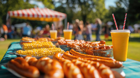 Colorful festival table spread with corn dogs, pretzels, and lemonade, providing plenty of space for brandingの素材